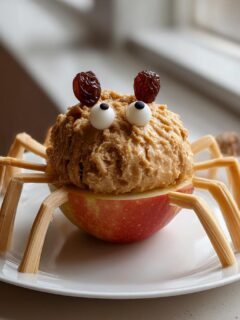 A cute Apple Spider Snack made from an apple half, peanut butter, candy eyes, and pretzel sticks for legs.