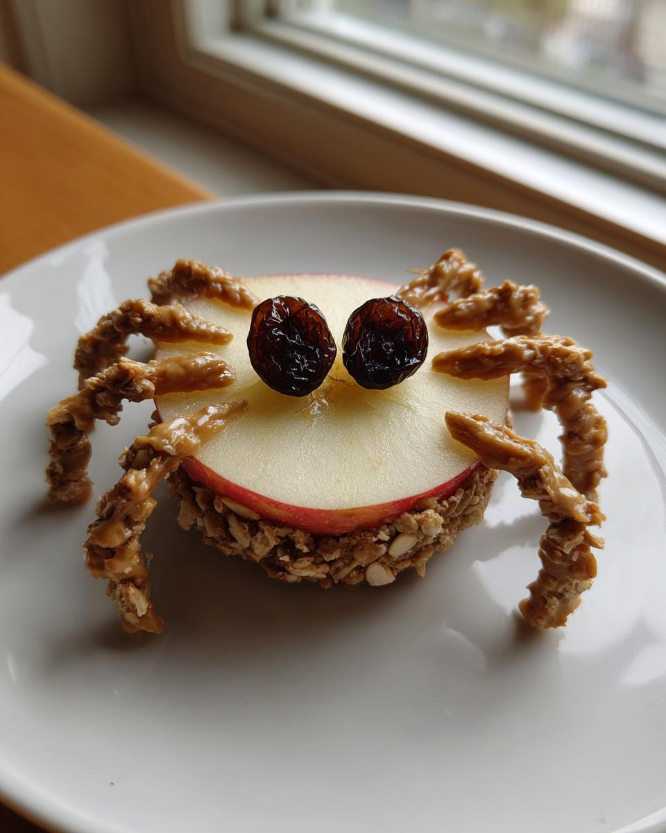 A fun Apple Spider Snack made from an apple slice, peanut butter legs, and raisin eyes, sitting on a white plate.