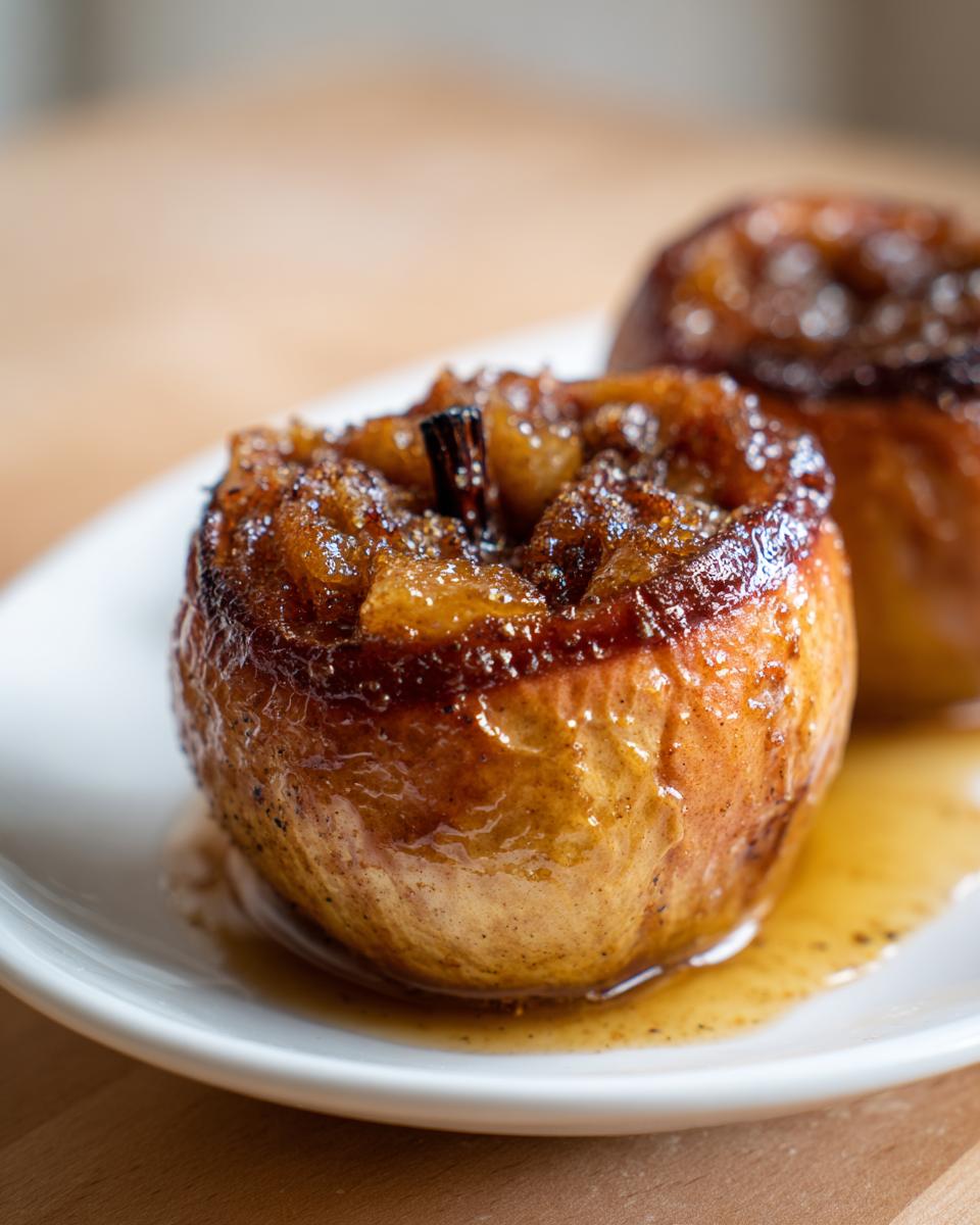 Close-up of a baked apple stuffed with a caramelized honey cinnamon filling, sitting in syrup.