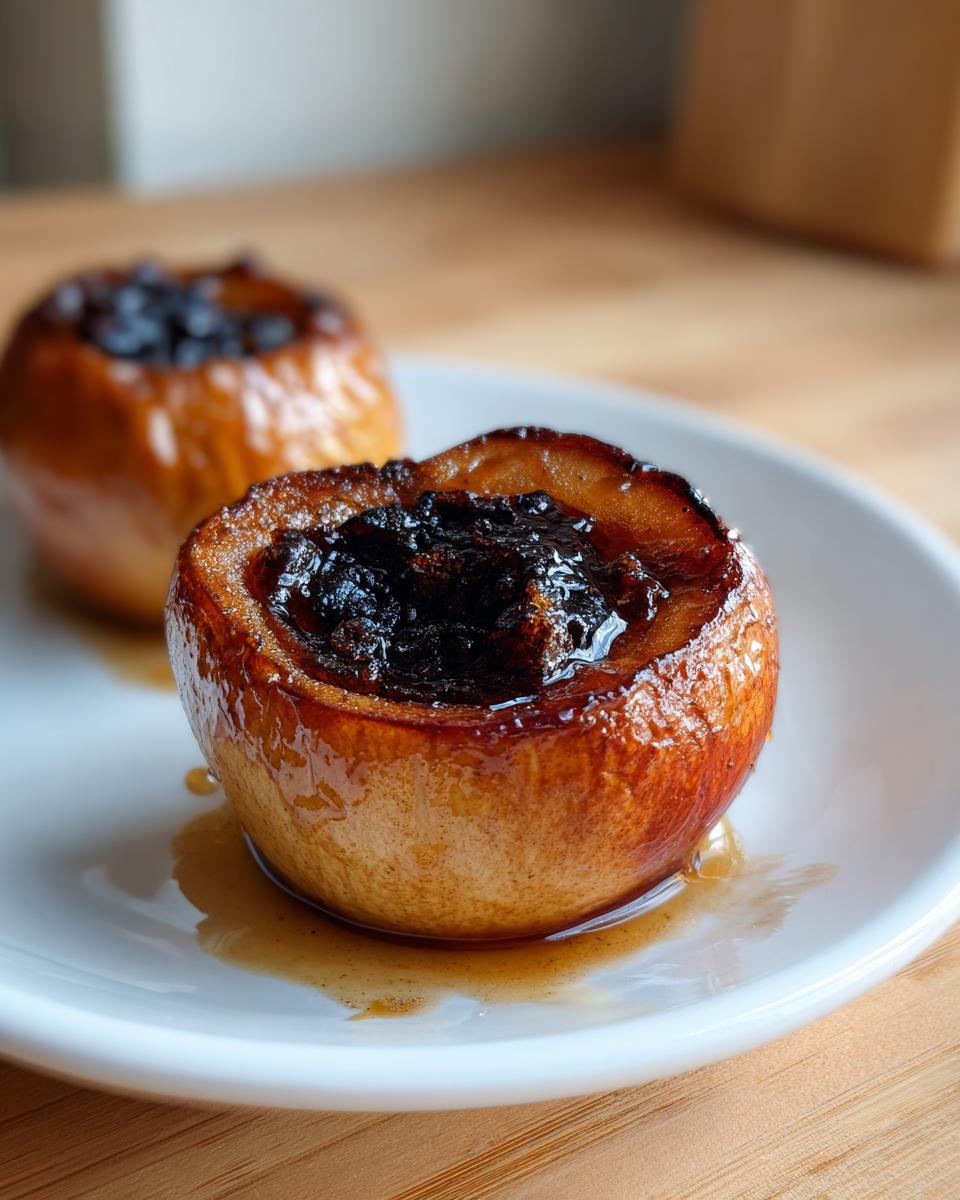 Close-up of a baked apple half filled with dark, caramelized fruit and drizzled with honey cinnamon syrup, part of a Honey Cinnamon Dessert.