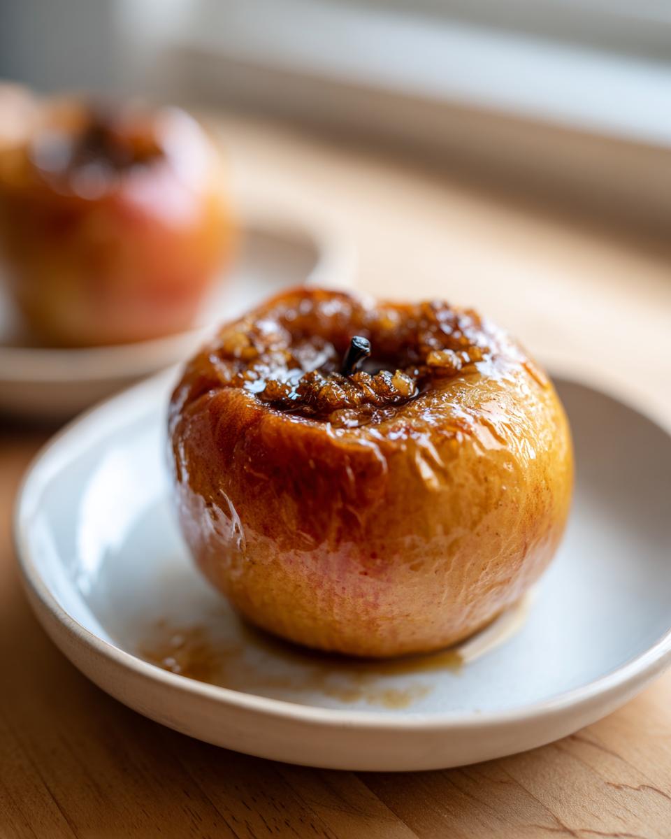 Close-up of a baked apple filled with a glistening honey cinnamon mixture, served on a small white plate.
