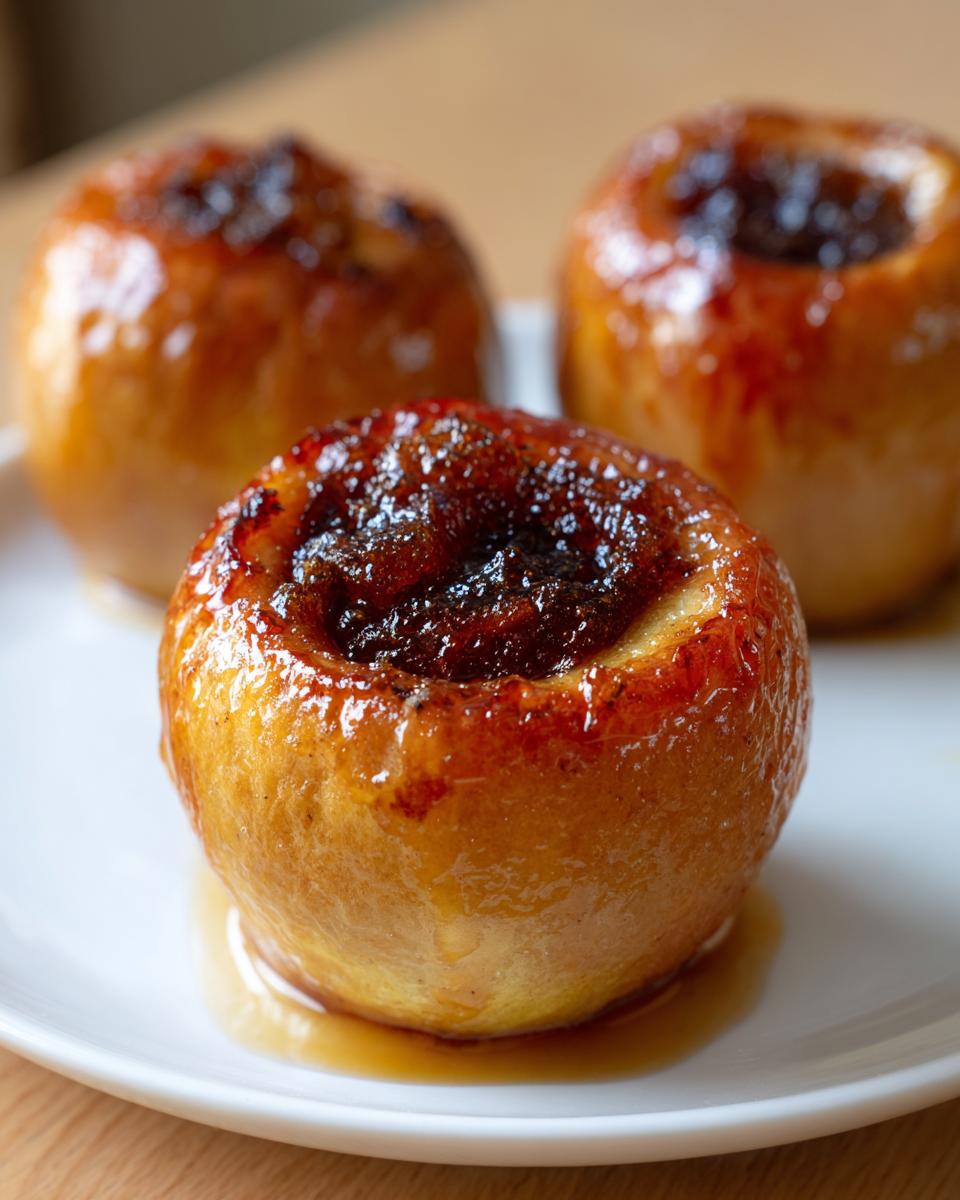 Close-up of three glazed baked apples, a perfect Honey Cinnamon Dessert, on a white plate.