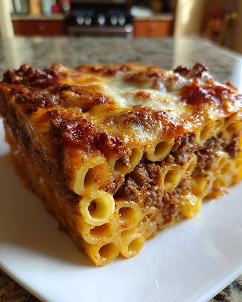 Close-up of a square serving of baked Egyptian Goulash showing tubular pasta layered with rich meat sauce and melted cheese topping.