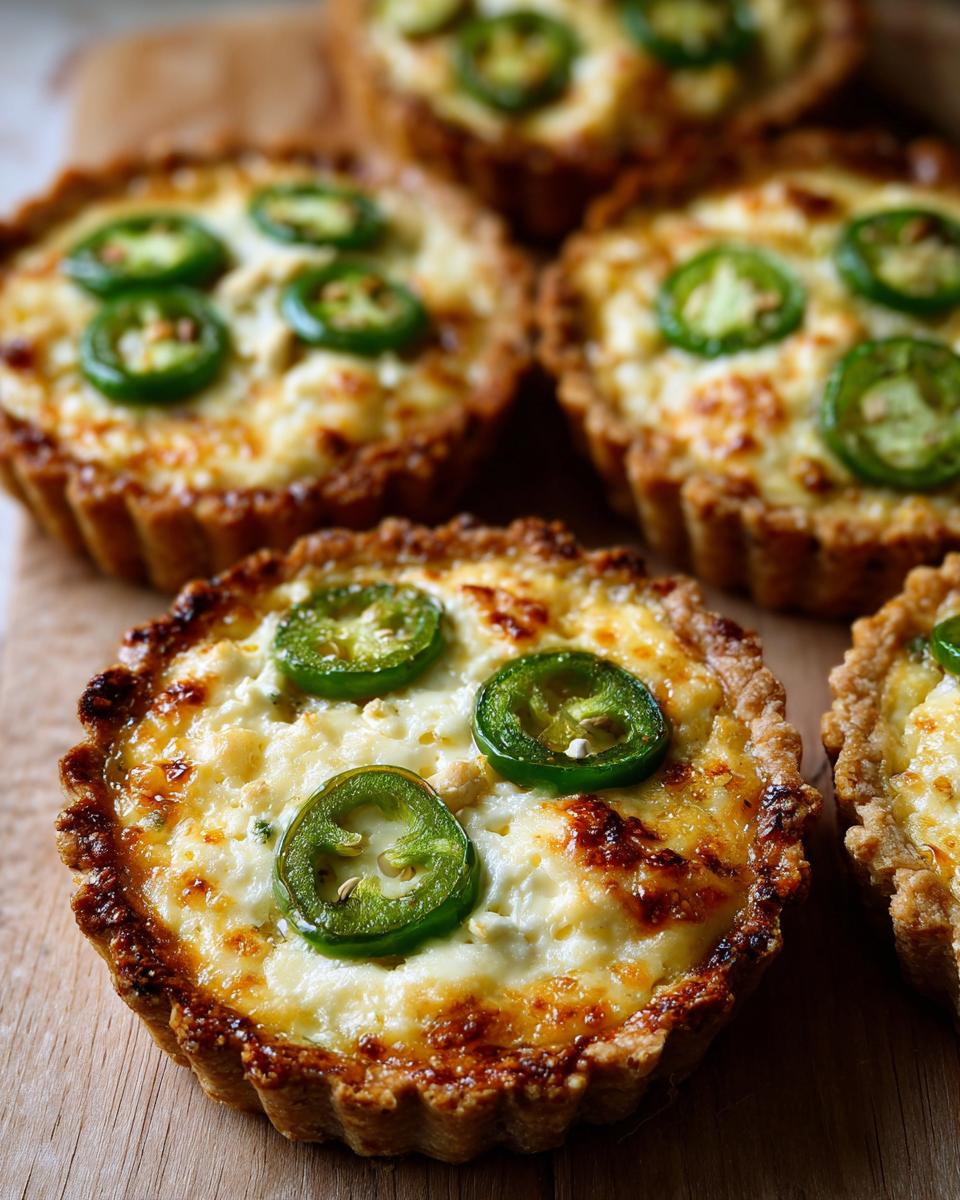 Close-up of several baked Jalapeno Eyeball Tarts featuring a cheesy filling and topped with bright green jalapeno slices.
