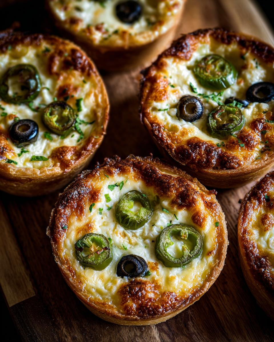 Close-up of baked Jalapeno Eyeball Tarts topped with melted cheese, green jalapeno slices, and black olives.