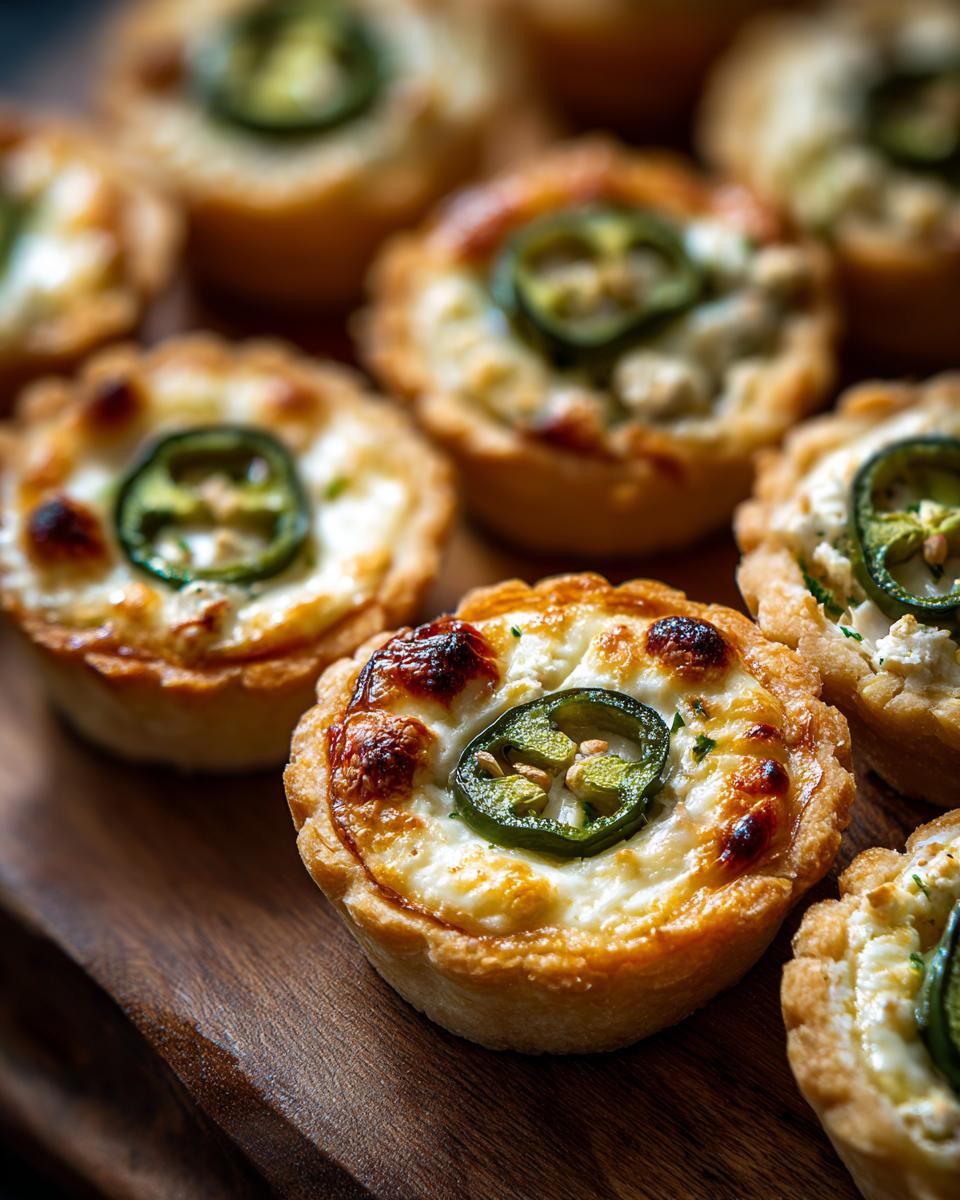 Close-up of several baked Jalapeno Eyeball Tarts with melted, slightly browned cheese and a jalape&ntilde;o slice on top, resting on a wooden board.