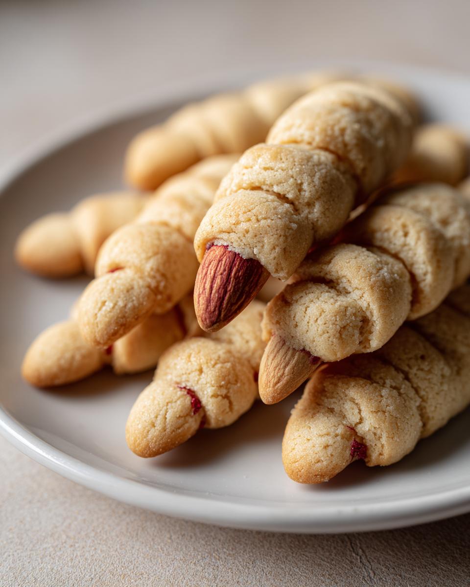 A stack of baked Witch Finger Cookies on a white plate, featuring an almond at the tip of each cookie to resemble a fingernail.