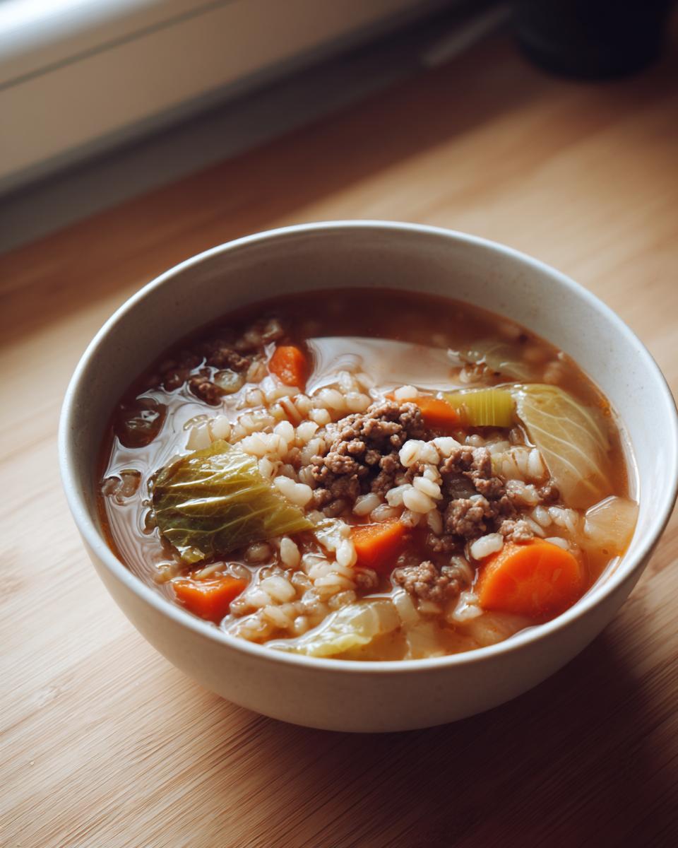 Close-up of a bowl of Beef Cabbage Barley Soup featuring ground beef, carrots, cabbage, and barley in broth.