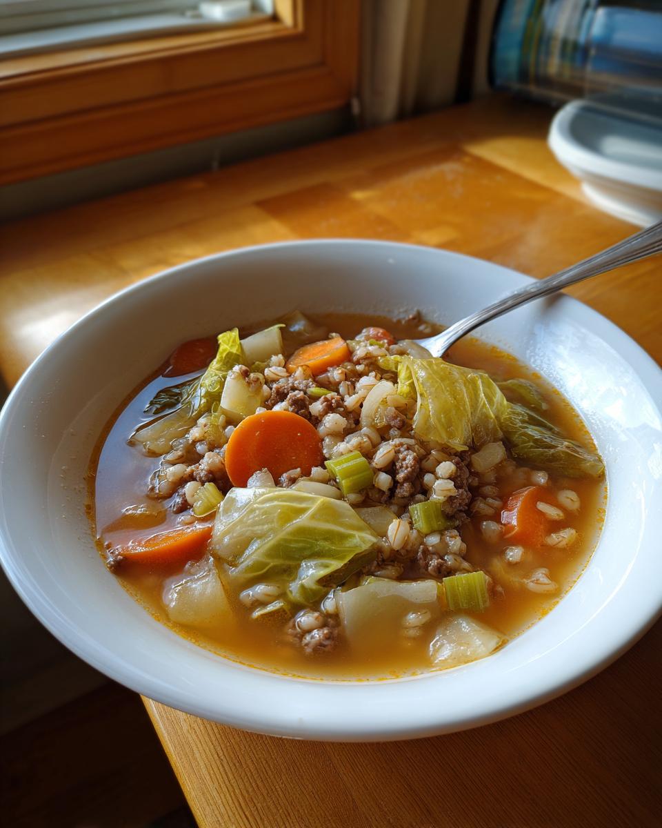 A close-up of a white bowl filled with steaming Beef Cabbage Barley Soup, featuring beef, carrots, cabbage, and barley.