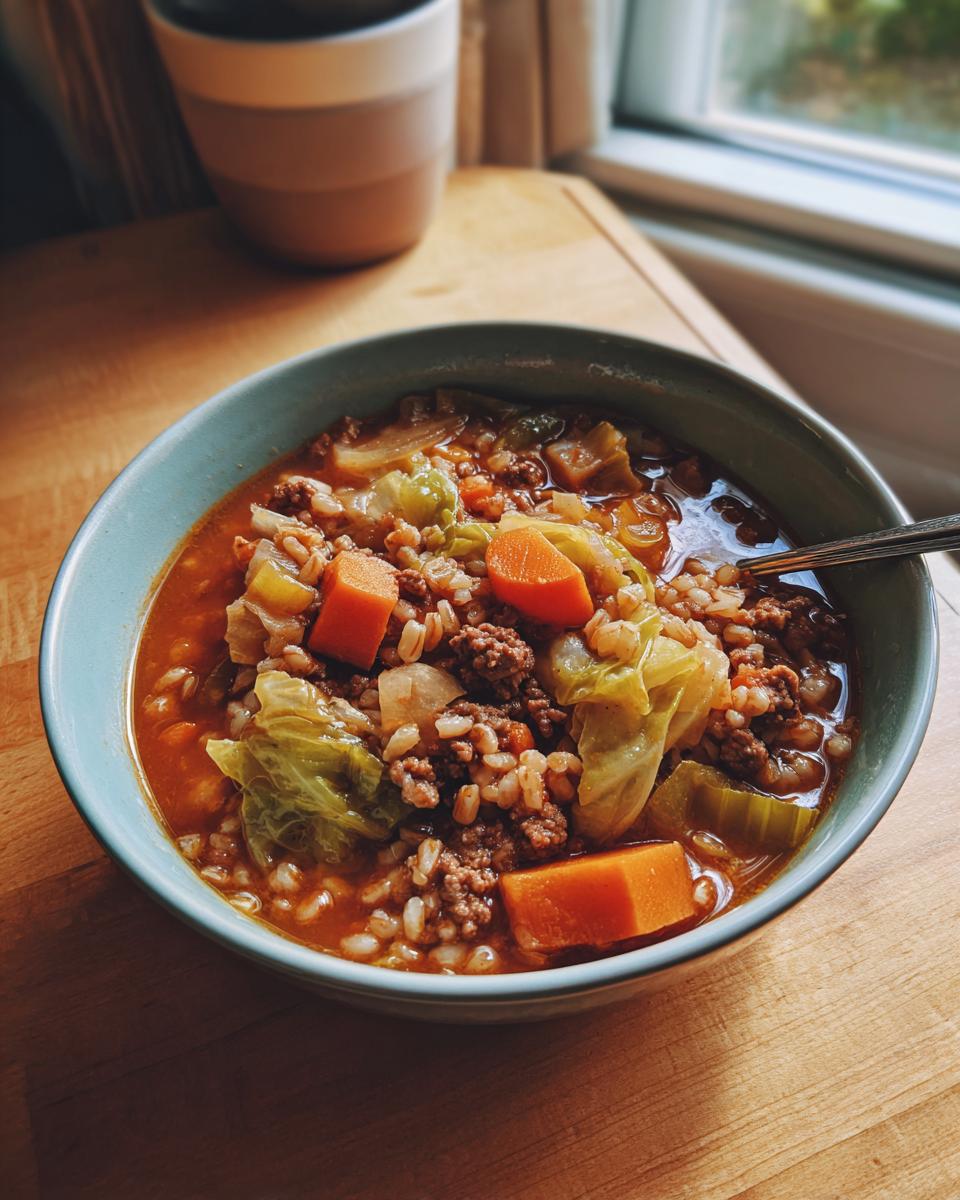 Close-up of a hearty bowl of Beef Cabbage Barley Soup with ground beef, carrots, and cabbage.