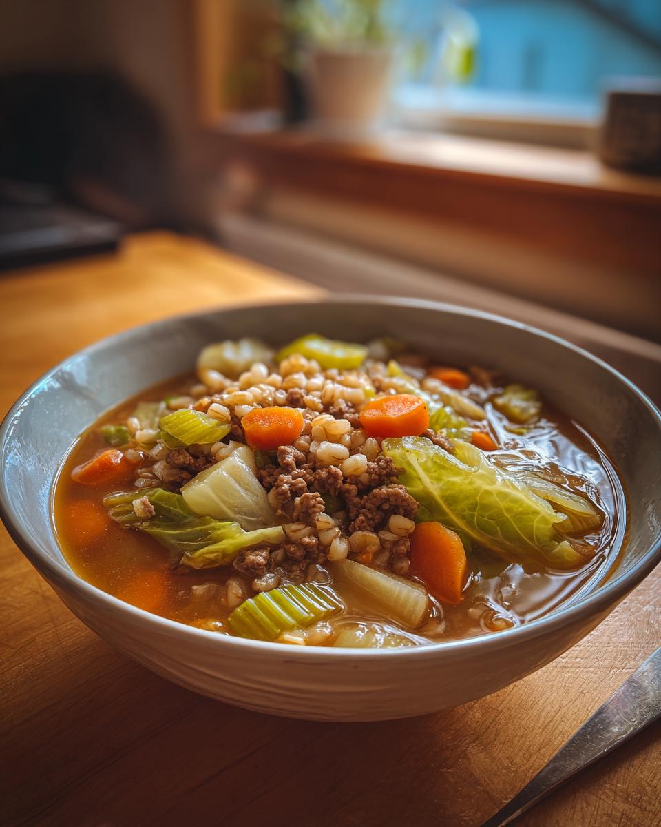 A close-up of a steaming bowl of Beef Cabbage Barley Soup, featuring ground beef, carrots, celery, cabbage, and barley.