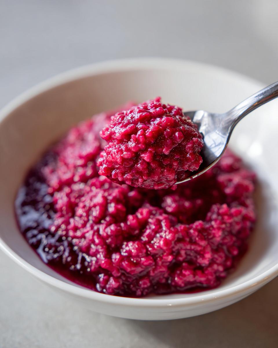 A spoonful of bright magenta Beet Risotto being lifted from a white bowl, showing its creamy texture.
