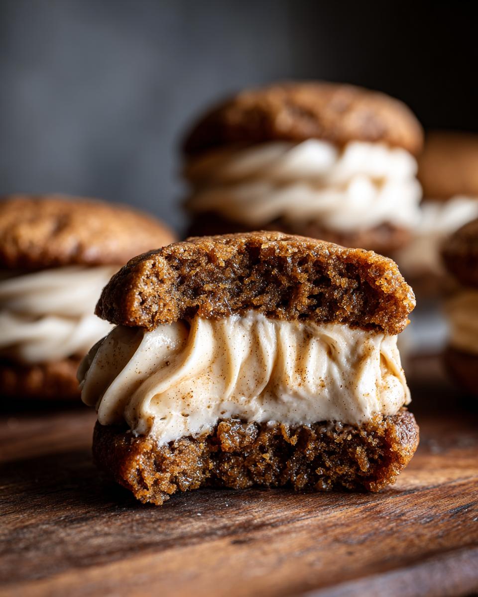 Close-up of a bitten Apple Cider Whoopie Pie showing the spiced cake and creamy filling.