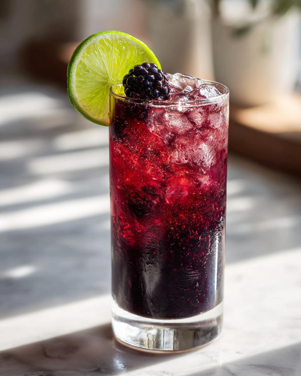 A tall glass filled with the deep purple Black Magic Mocktail, ice, and garnished with a lime wheel and fresh blackberry.