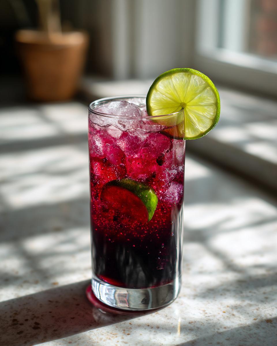 A tall glass filled with a vibrant, layered Black Magic Mocktail over ice, garnished with a bright lime wheel.