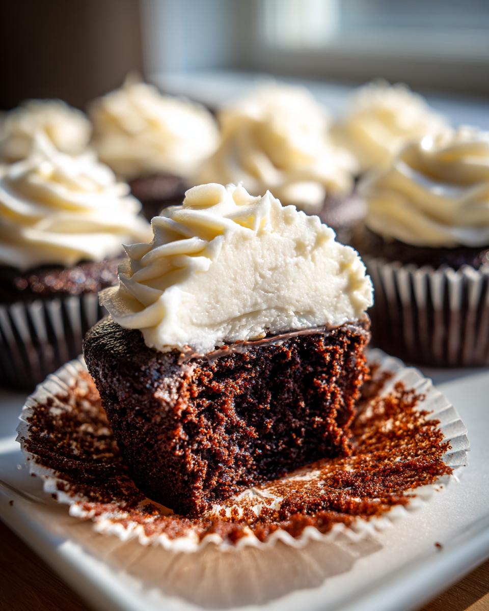 Close-up of a Black Velvet Cupcakes cut in half showing moist dark crumb and thick white frosting.