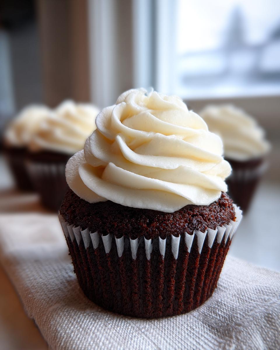 A close-up of a rich, dark Black Velvet Cupcakes topped with a swirl of creamy white frosting.