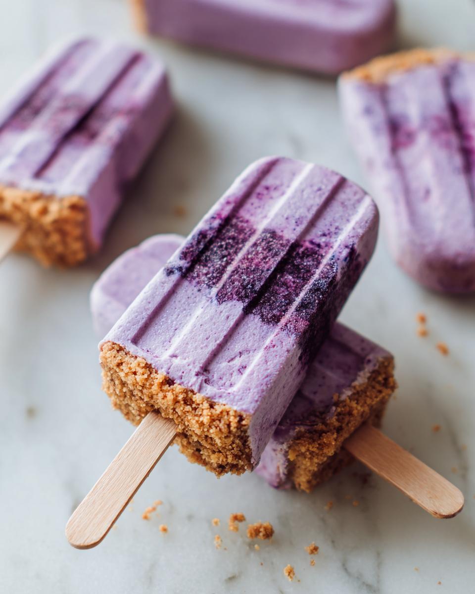 Two Blackberry Cheesecake Pops stacked on a white marble surface, showing the purple filling and graham cracker crust base.