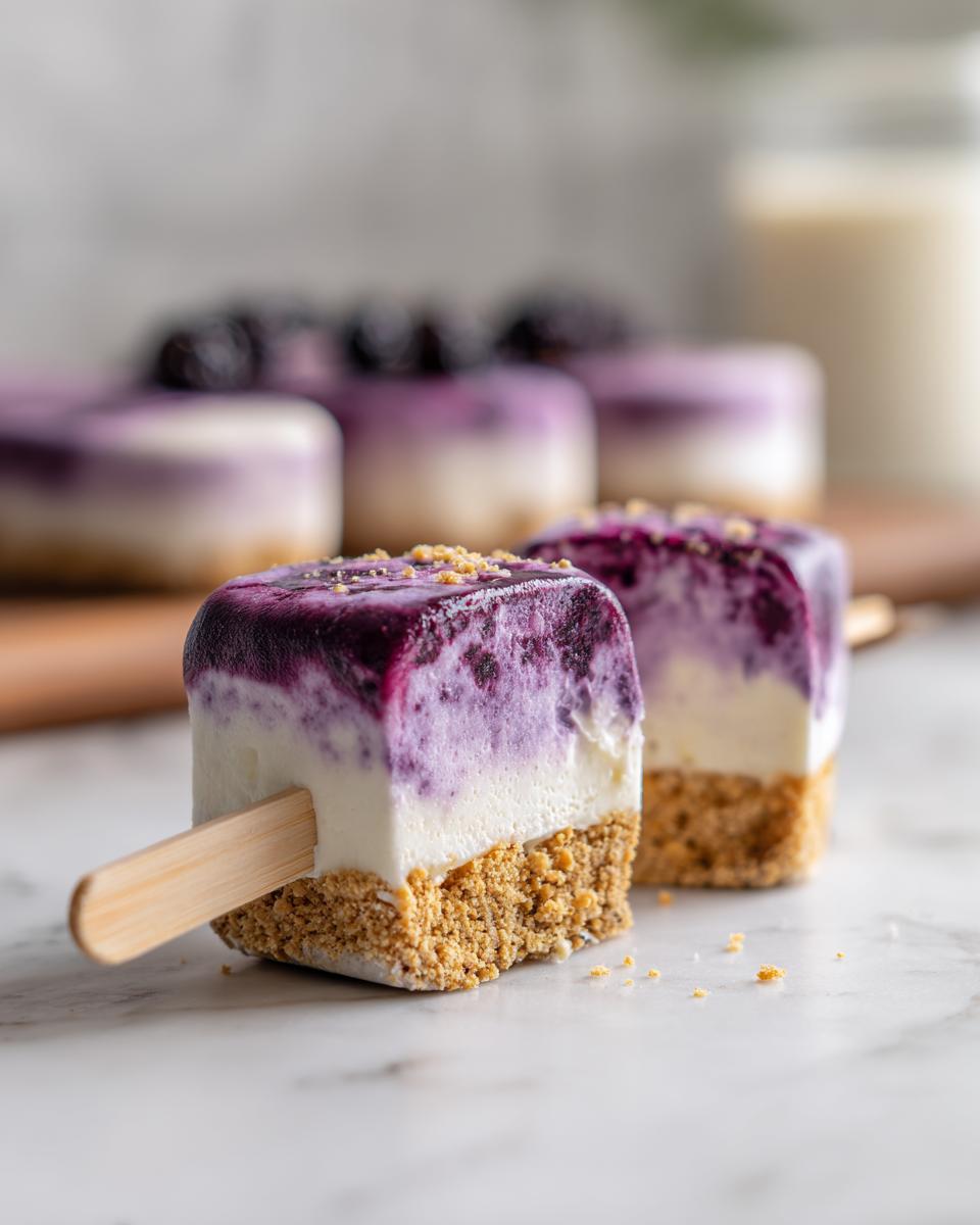 Two square Blackberry Cheesecake Pops on sticks, showing graham cracker crust and purple topping.