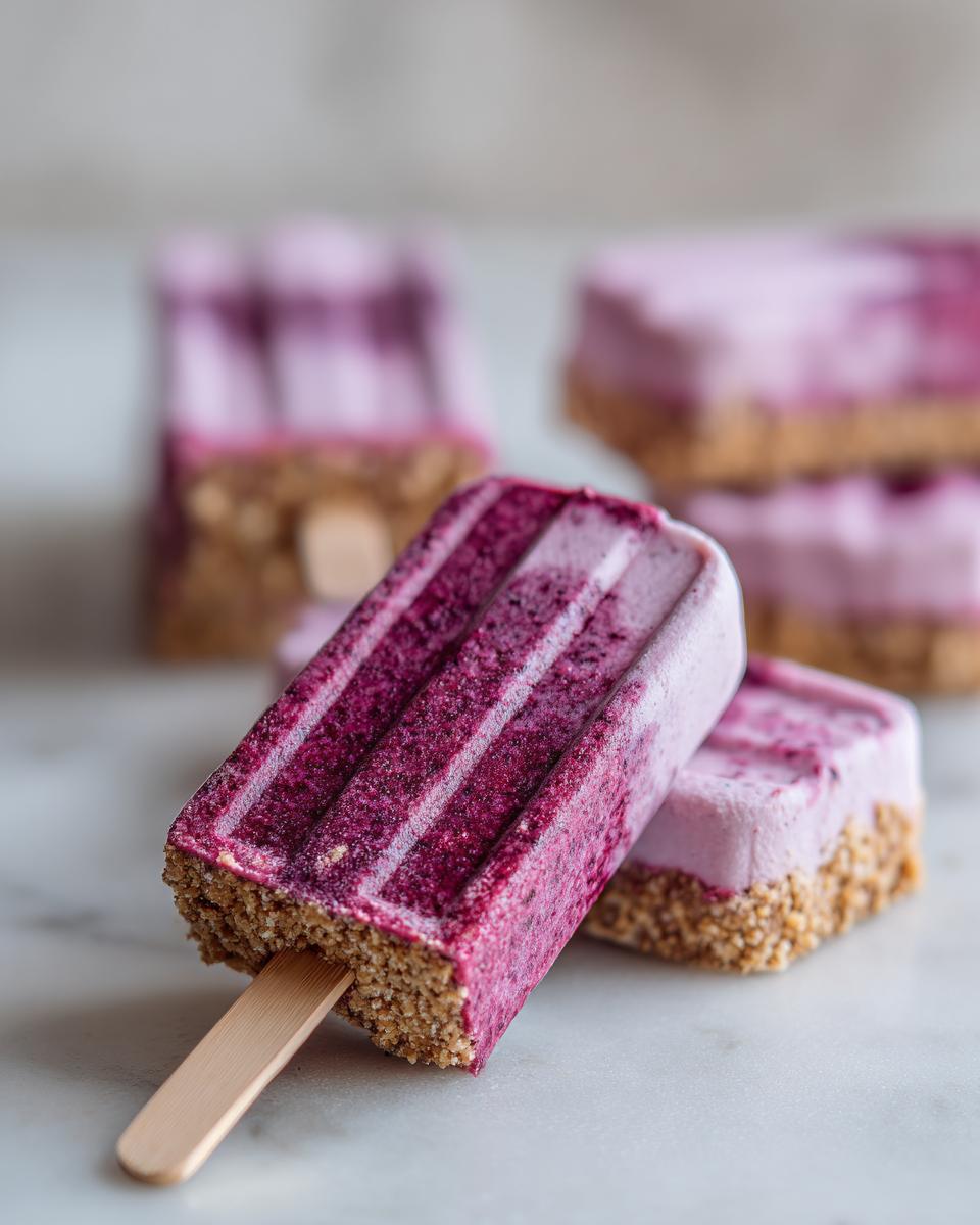 A close-up of a frozen Blackberry Cheesecake Pop on a wooden stick resting on a marble surface, with more pops blurred in the background.