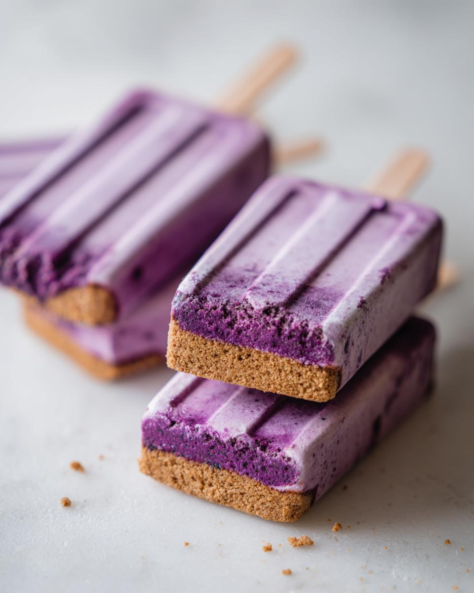 Two Blackberry Cheesecake Pops stacked, showing the purple filling and graham cracker crust base.