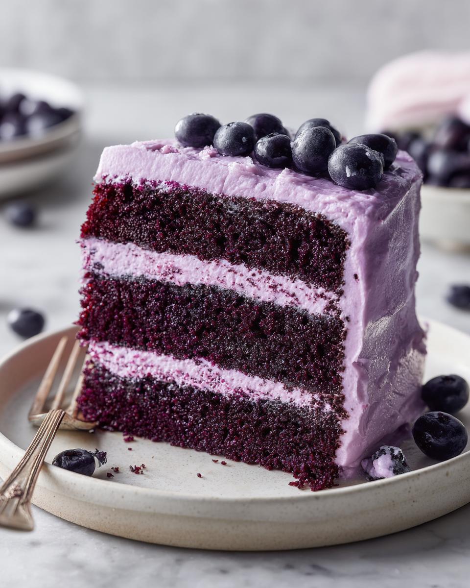 A tall slice of rich, dark purple Blackberry Velvet Cake layered with light purple frosting and topped with fresh blueberries.