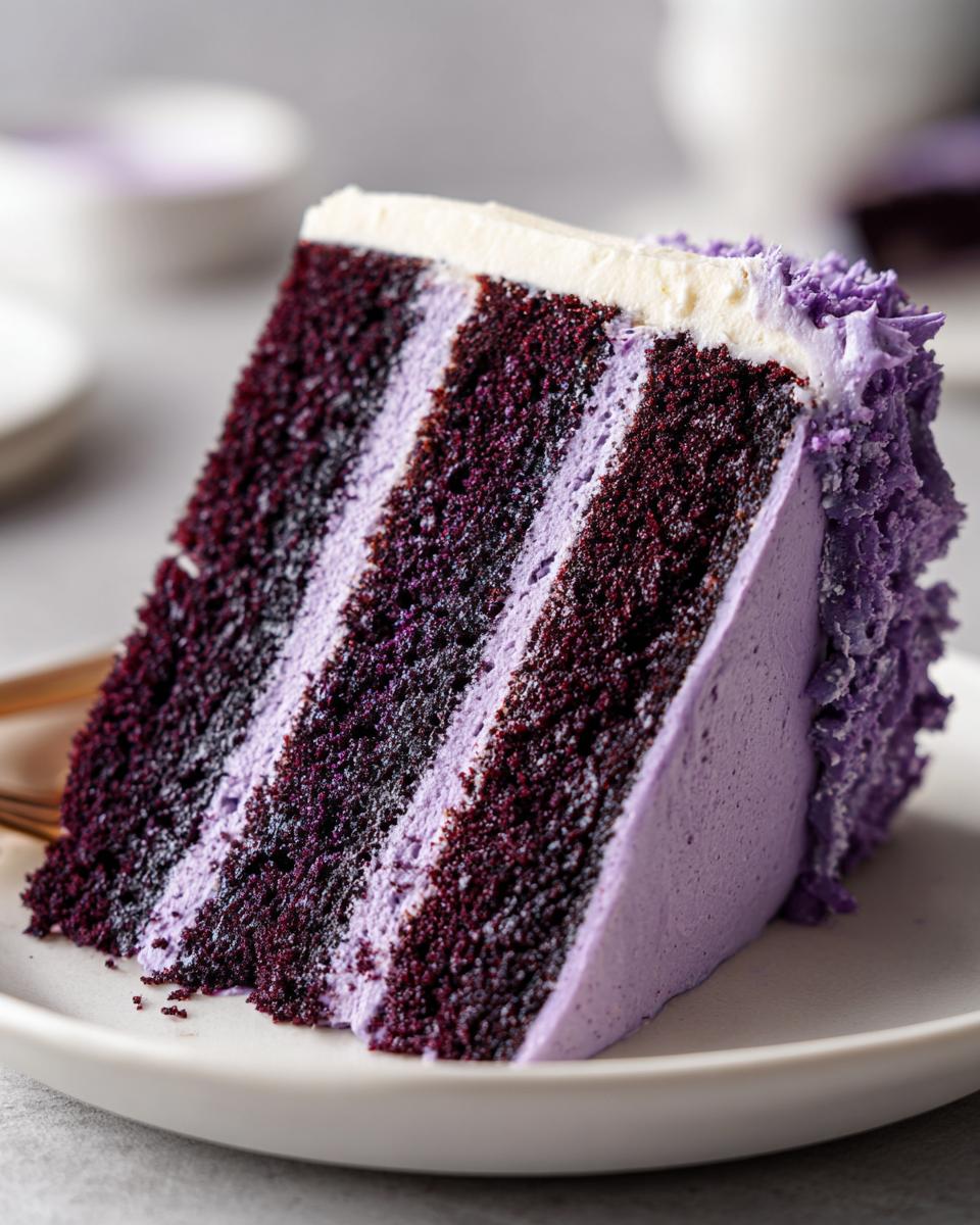 A tall slice of Blackberry Velvet Cake showing dark purple cake layers alternating with light purple frosting.
