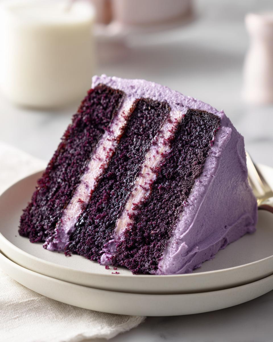 A tall slice of rich, dark purple Blackberry Velvet Cake with layers of light filling and lavender frosting.