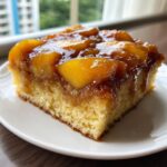 A close-up of a square slice of Bourbon Peach Upside Down Cake with caramelized peaches on top, served on a white plate.