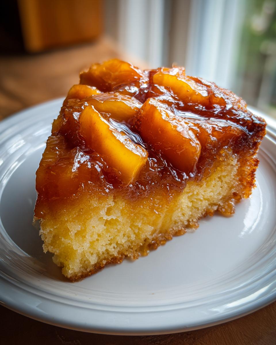 Close-up of a moist slice of Bourbon Peach Upside Down Cake topped with caramelized, glossy peach slices.
