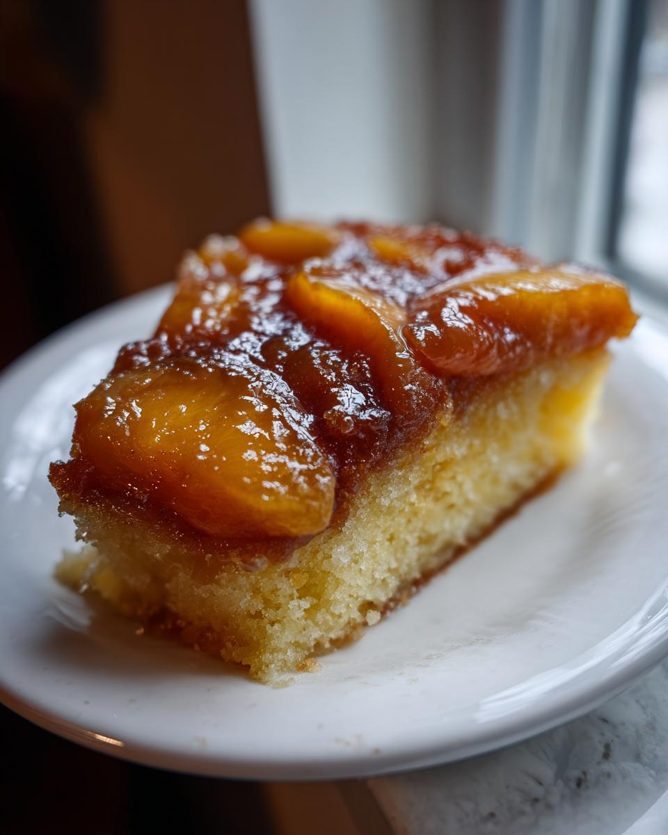 A moist slice of Bourbon Peach Upside Down Cake topped with caramelized, glossy peaches, served on a white plate.