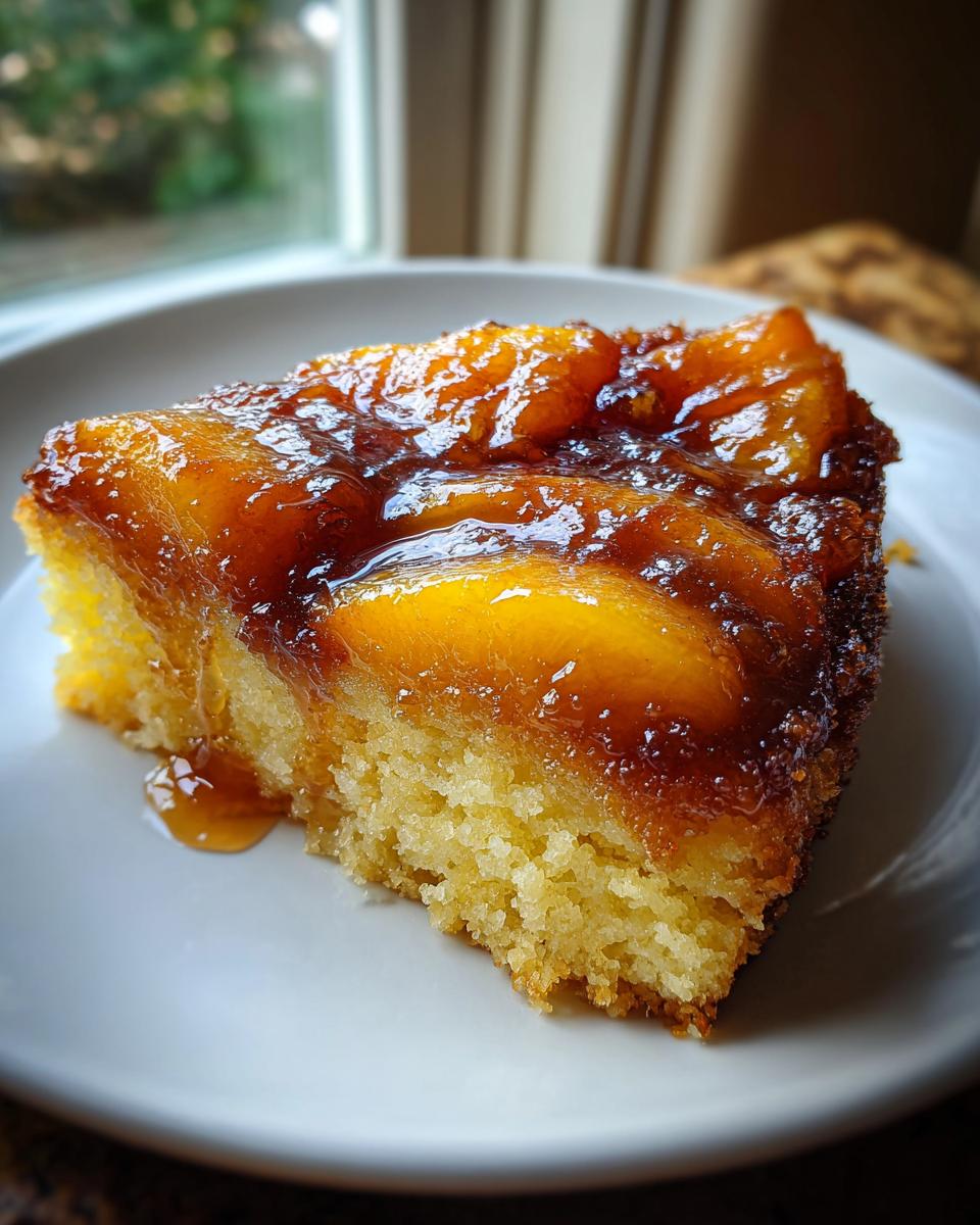 Close-up of a moist slice of Bourbon Peach Upside Down Cake topped with caramelized peaches and sticky glaze.