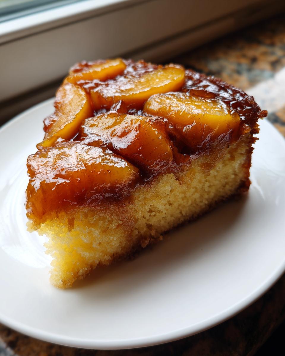 A moist slice of Bourbon Peach Upside Down Cake topped with glossy, caramelized peach slices.