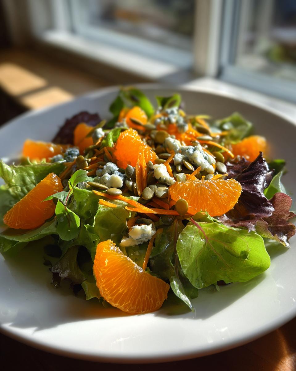Close-up of a vibrant Halloween Salad featuring mixed greens, bright orange segments, blue cheese crumbles, and pumpkin seeds.