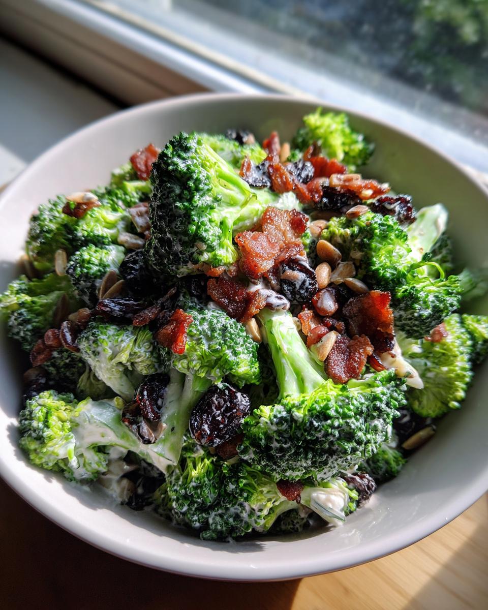 Close-up of a creamy Broccoli Bacon Salad featuring bright green florets, crispy bacon bits, dried cranberries, and sunflower seeds.