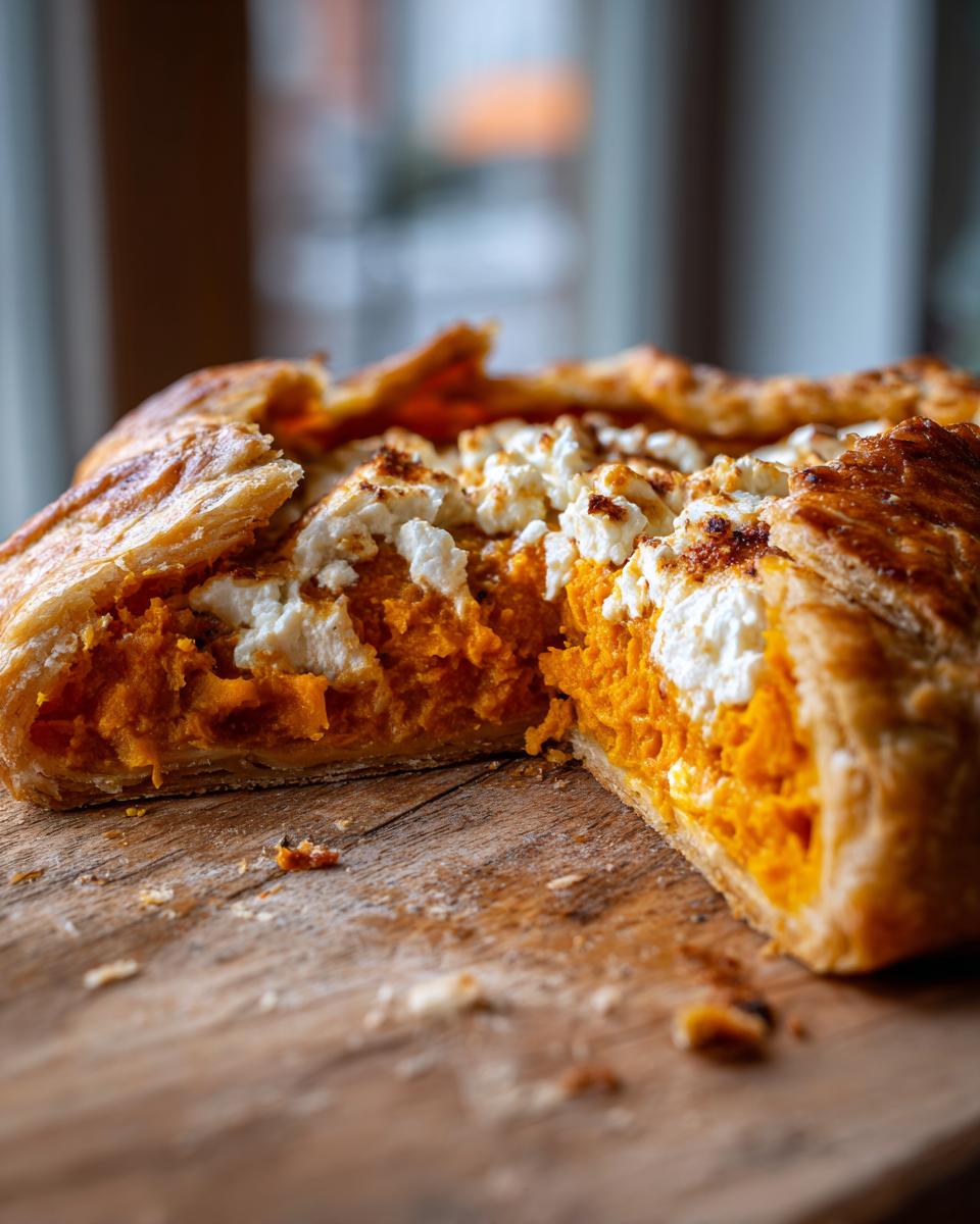 A close-up, cross-section view of a flaky Butternut Squash Galette filled with bright orange squash and topped with crumbled white cheese.