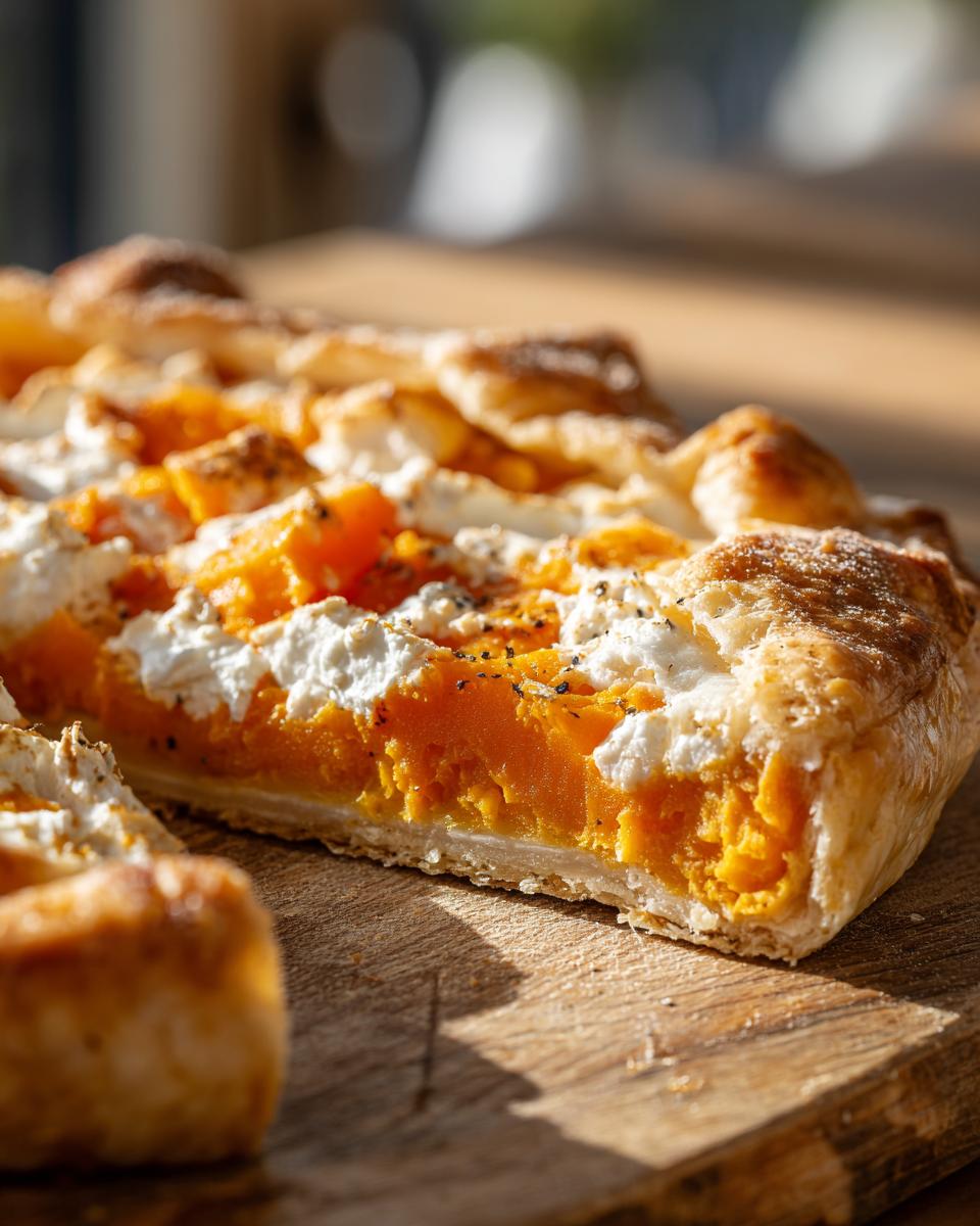 A close-up cross-section view of a slice of Butternut Squash Galette showing the bright orange filling and white cheese topping on flaky pastry.