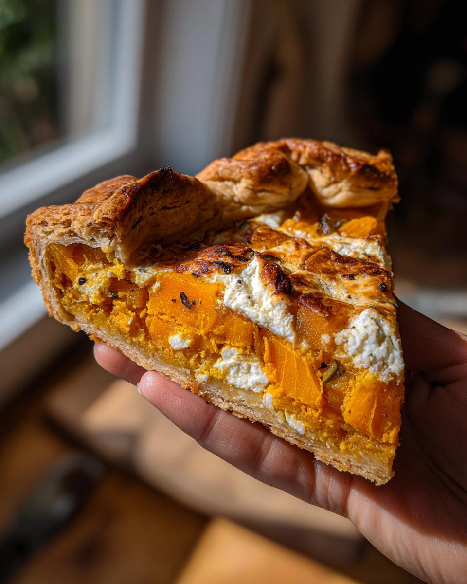 A hand holding a thick slice of Butternut Squash Galette featuring bright orange squash and white cheese topping.