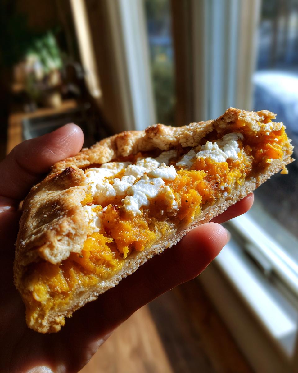 A hand holding a rustic slice of Butternut Squash Galette showing the bright orange filling and crumbled white cheese topping.