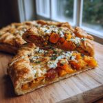 Two slices of a flaky Butternut Squash Galette topped with orange squash, white feta cheese, and fresh thyme.