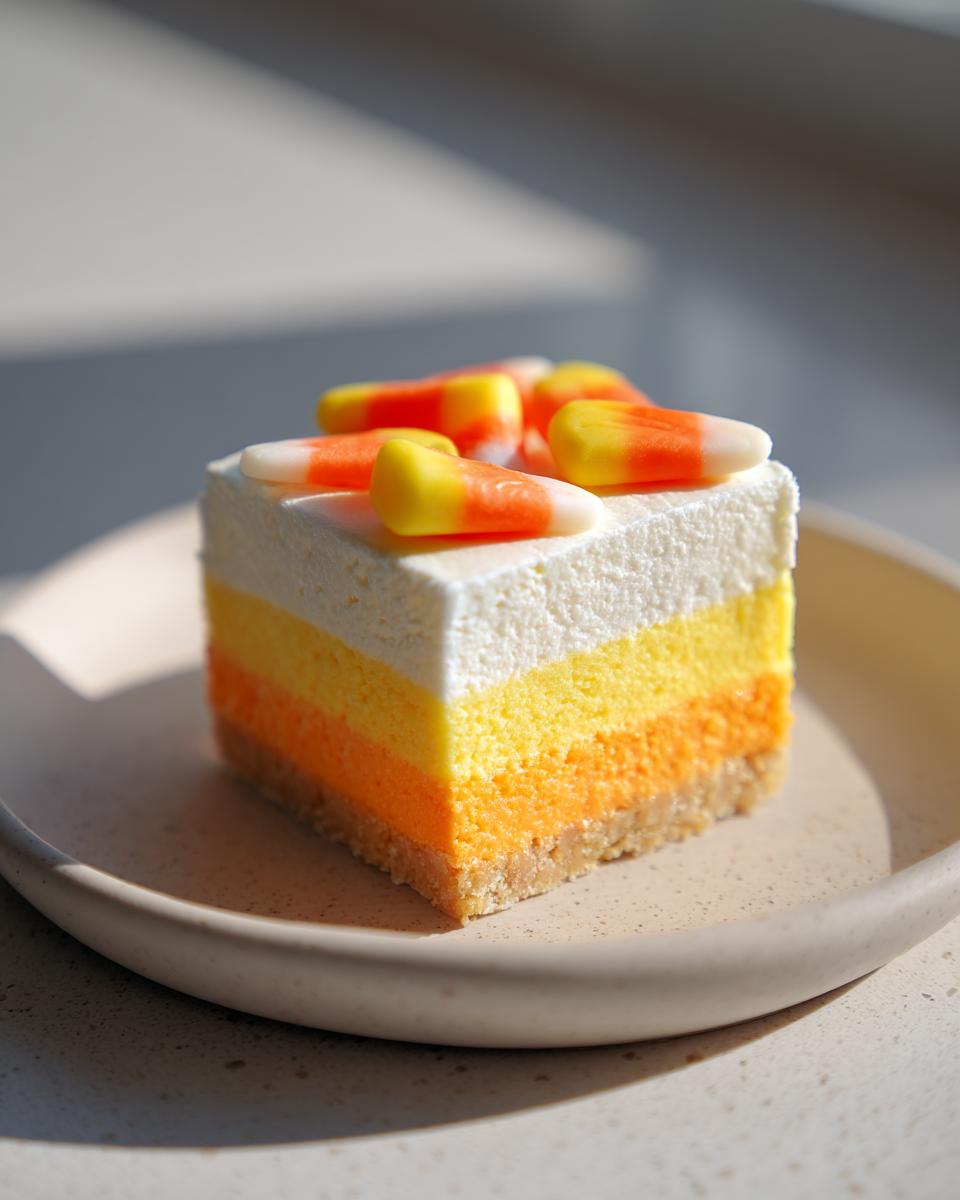 A square slice of layered Candy Corn Cheesecakes topped with candy corn pieces.