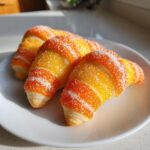 Three baked Candy Corn Crescent Rolls, colored orange and yellow and coated in sparkling sugar, resting on a white plate.