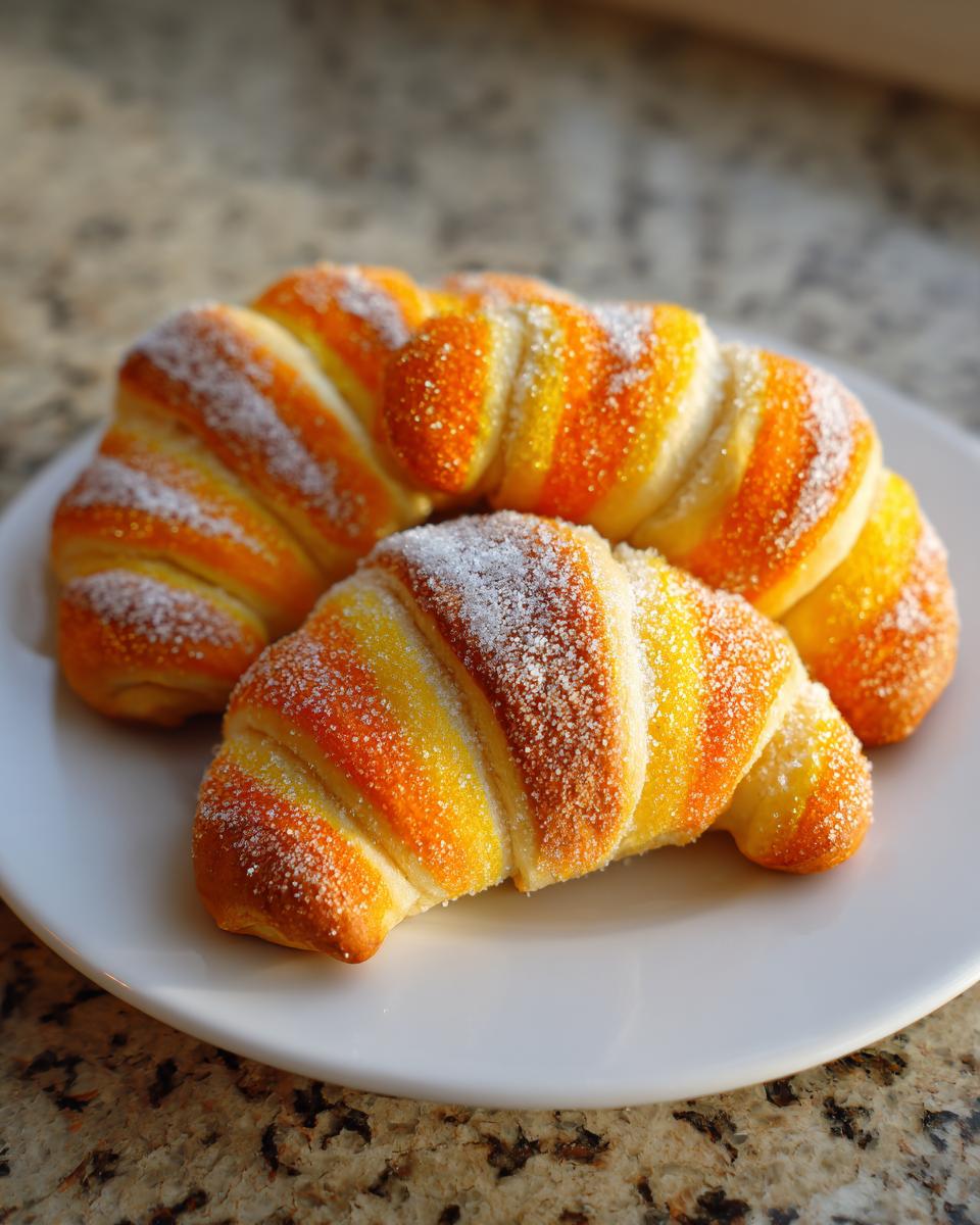 Three baked Candy Corn Crescent Rolls, featuring orange and yellow stripes and topped with sparkling white sugar.