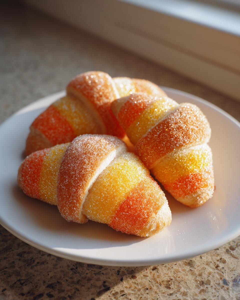 Four baked Candy Corn Crescent Rolls, dusted heavily with sugar, arranged on a white plate.