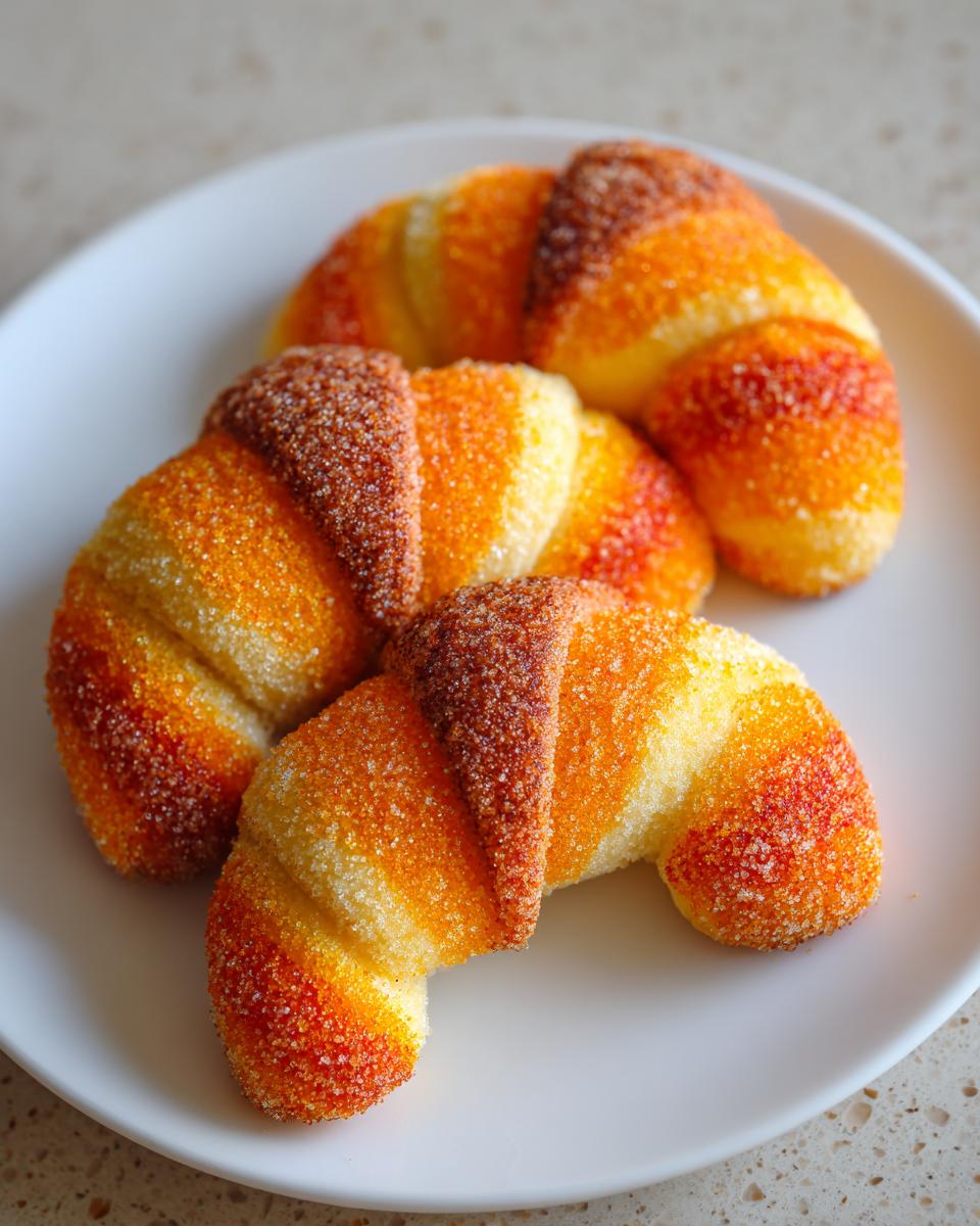 Three baked Candy Corn Crescent Rolls, coated in orange and yellow sparkling sugar, resting on a white plate.