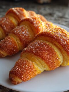 Three golden brown Candy Corn Crescent Rolls dusted heavily with sparkling orange and white sugar on a white plate.