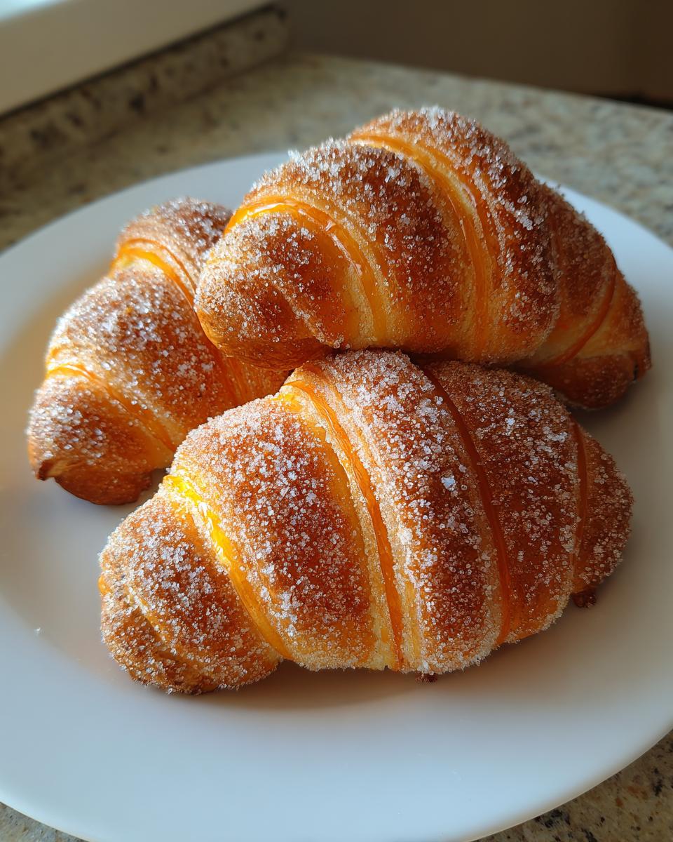 Three golden-brown Candy Corn Crescent Rolls generously coated in sparkling sugar crystals, stacked on a white plate.