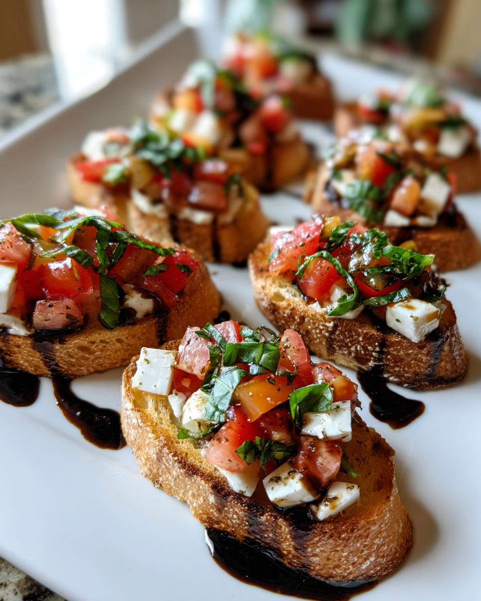 Close-up of several Caprese Crostini Ghosts topped with diced tomatoes, mozzarella, and basil, drizzled with balsamic glaze.