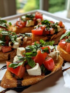 Six pieces of Caprese Crostini Ghosts topped with fresh mozzarella, tomatoes, basil, and balsamic glaze on a white platter.