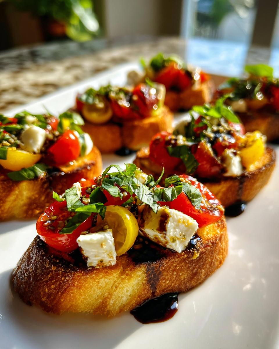Close-up of several Caprese Crostini Ghosts topped with tomatoes, mozzarella, basil, and balsamic glaze.